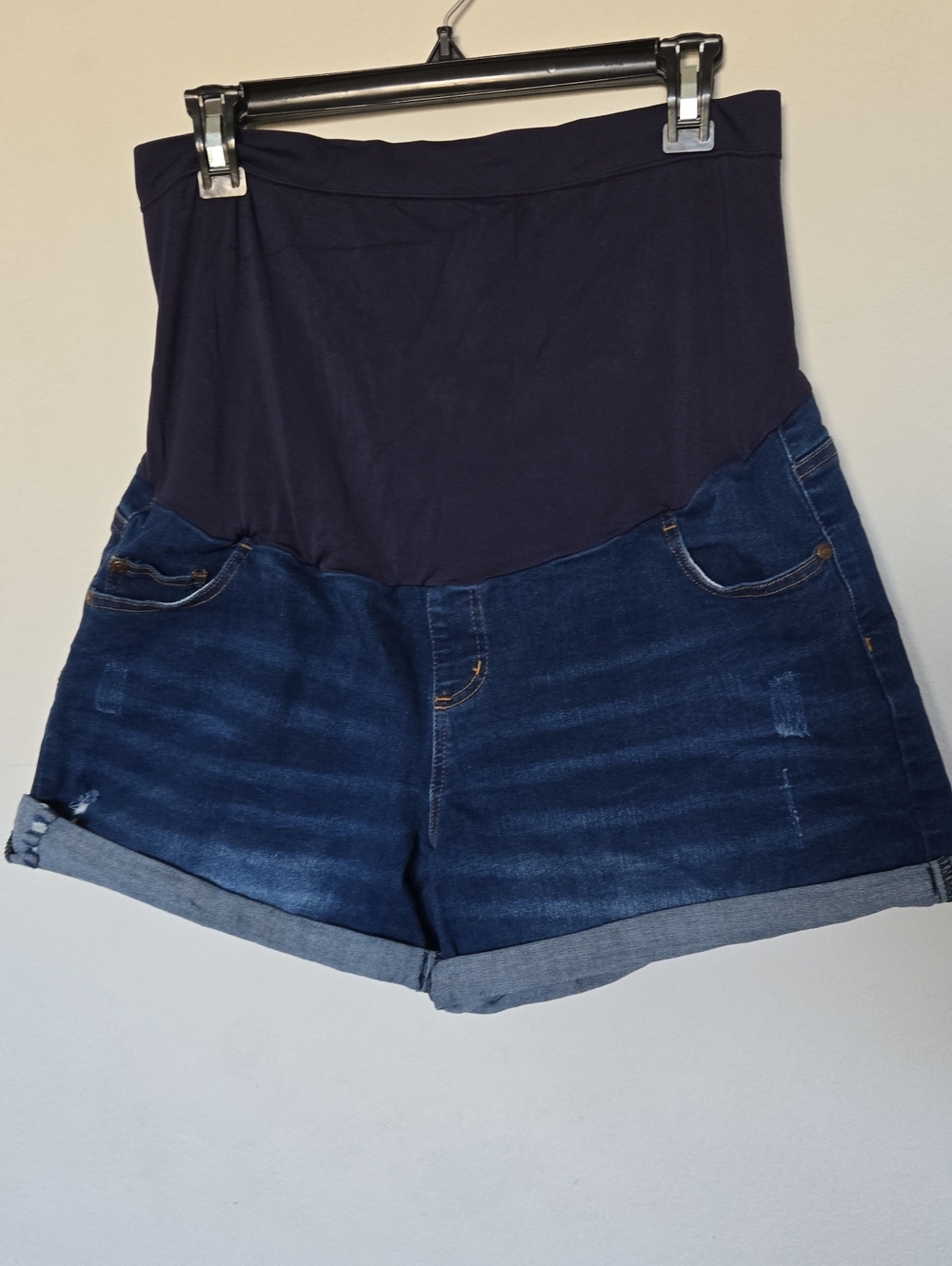 Maternity Denim Shorts - Navy Top, Dark Blue Denim